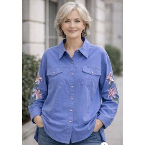 BOB MACKIE Wearable Art Floral Embroidered Shirt Jacket 2X Periwinkle Purple